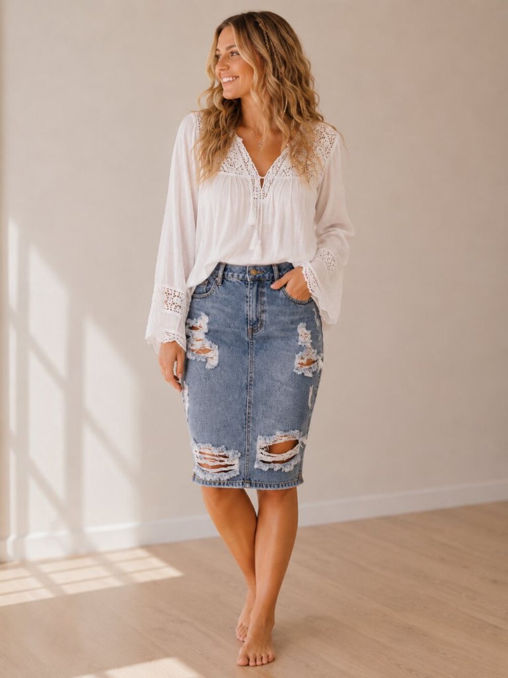 One Teaspoon Distressed Denim Pencil Skirt | Blue Raw Hem Fitted Midi Skirt